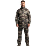 Model wearing the Arctic Strom Orbit waterproof camouflage jacket and trouser set