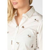 Close-up of the Rydale Ladies Wistow printed cotton shirt featuring the Country Dogs print, structured collar and breathable cotton fabric.