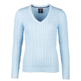 Soft Blue Rydale Emma V Neck cable knit jumper for ladies