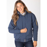Woman wearing the Rydale Ripon IV Ladies Equestrian Bomber Jacket in Dark Denim