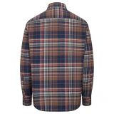 Back view of the Hoggs of Fife Pitreavie Flannel Check Shirt showing the navy, brown, rust and cream check pattern and curved hem