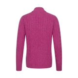 Back view of Hoggs of Fife Charlotte Cable 1/4 Zip Pullover in pink, showing cable-knit pattern