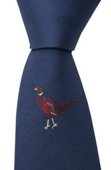 Single Standing Pheasant on silk tie on a Navy background