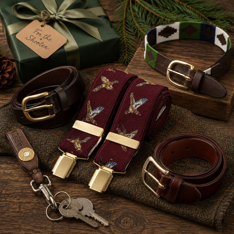 Shooting braces and country belts with game bird designs arranged as gifts