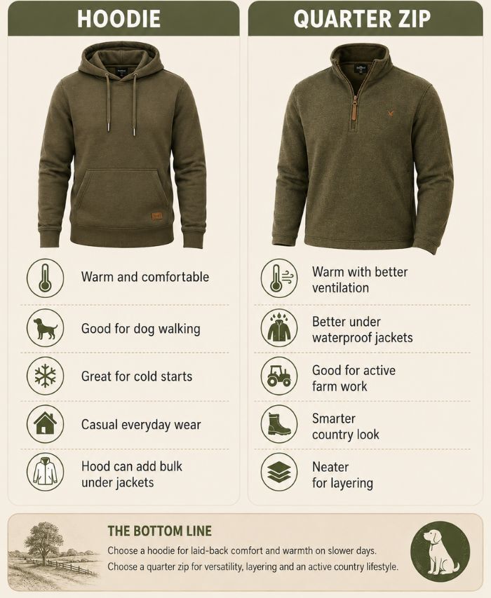 Hoodie vs quarter zip comparison for country wear showing warmth, layering and outdoor use