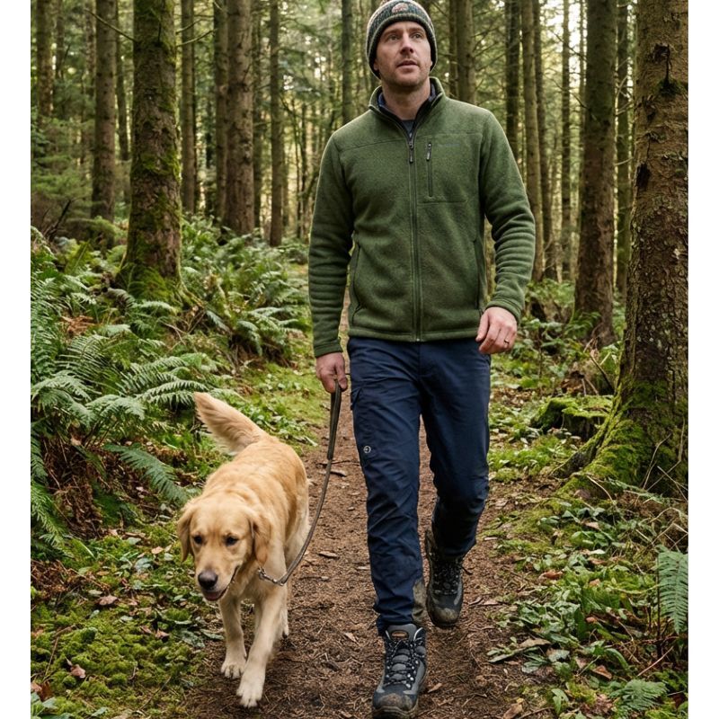 man walking his dog in the forest wearing grisport excalibur boots