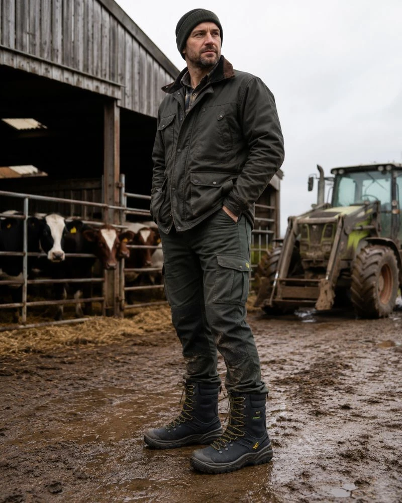Farmer standing on yard wearing Grisport Dynamite Waterproof Safety Boots