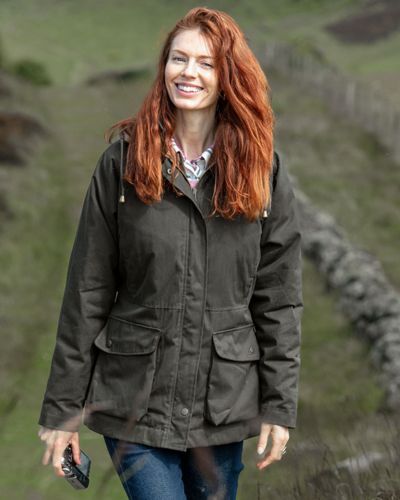 Model wearing hoggs of fife kelso ladies wax jacket