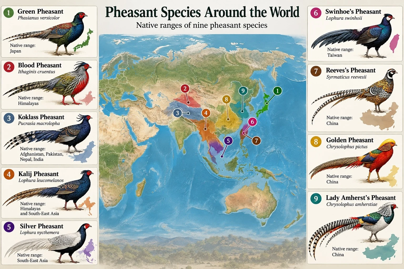 Map showing the native ranges of nine pheasant species across Asia