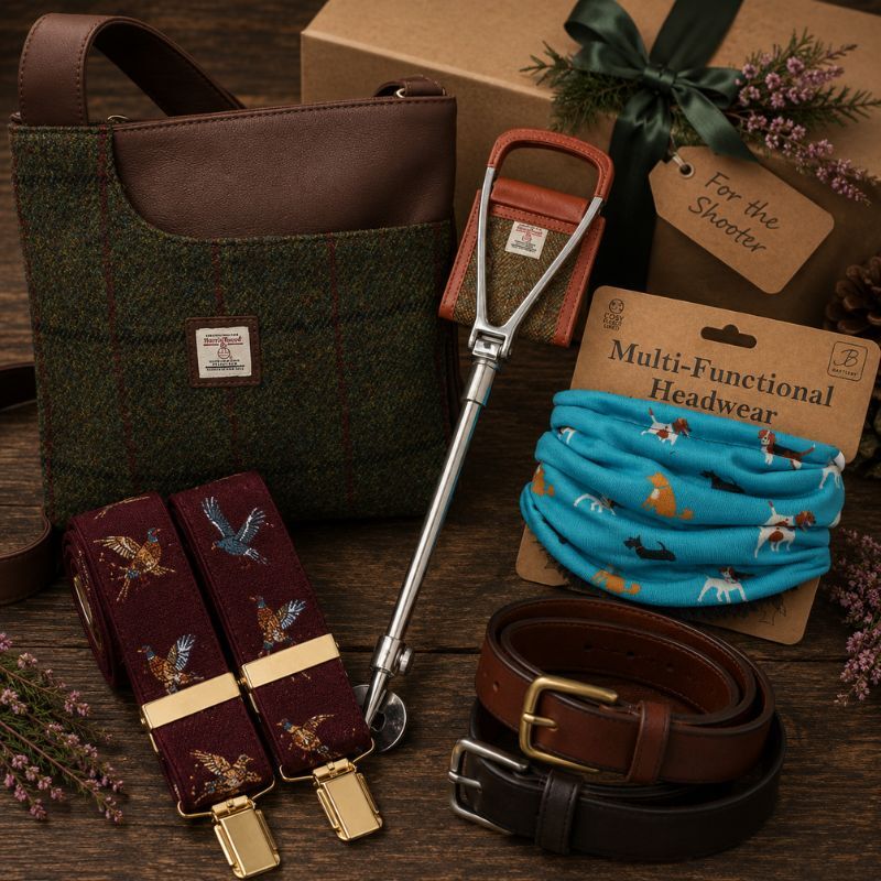 Women's shooting gifts including a Harris Tweed bag, shooting stick and dog print neck warmer