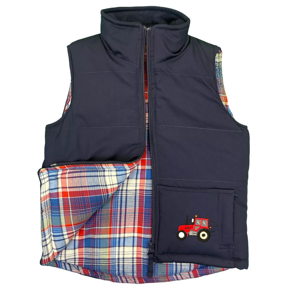 Gilet En Velours Bébé Garçon Avec Broderie Tracteur - Col Montant, Fermeture éclair - Bleu Marine, Chaud Et Pratique