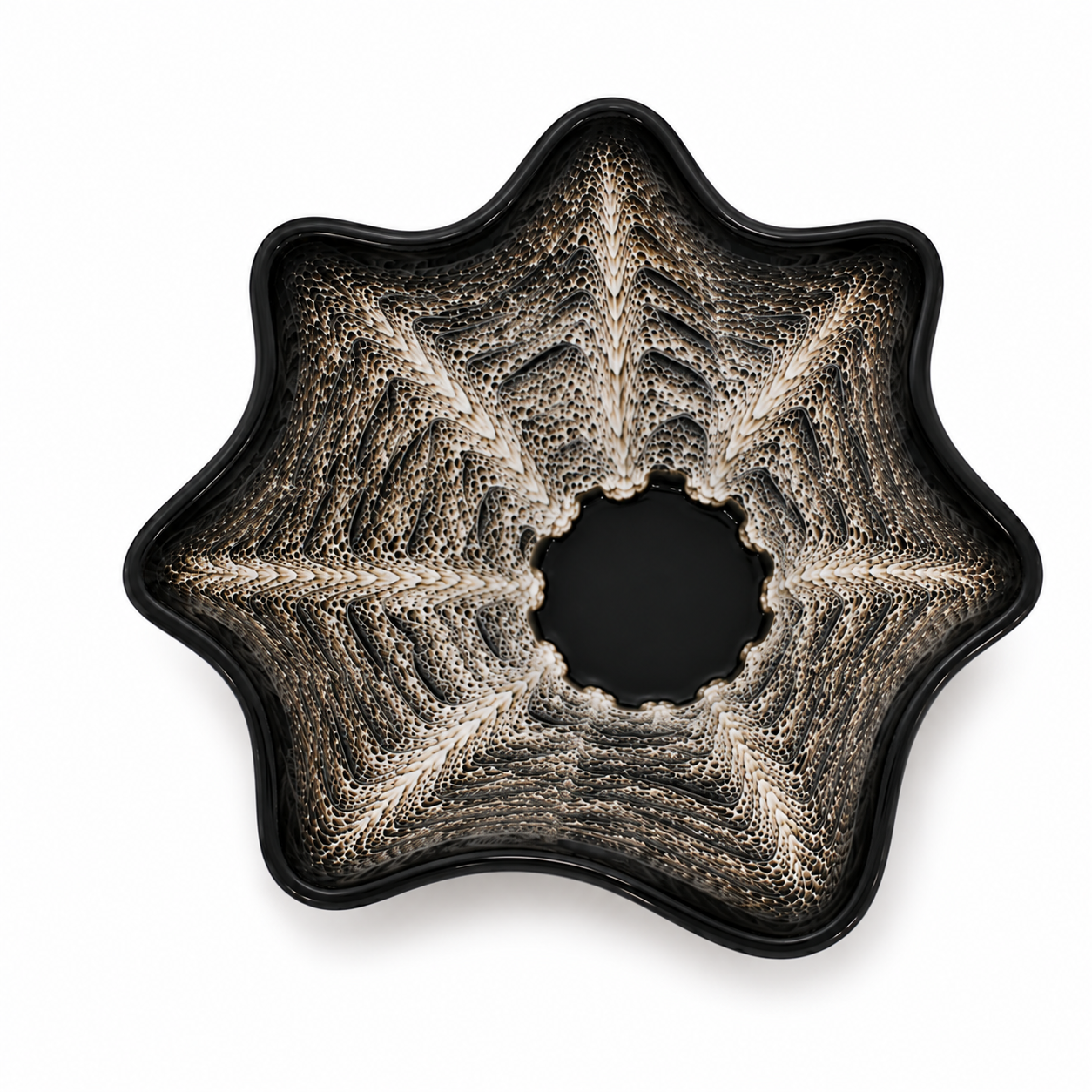 Small Black Drip Glaze Stoneware Bowl – Top View, Scalloped Edge with Cream & Golden-Brown Glaze – OS19