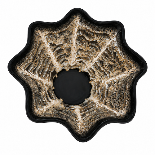 Large Black Drip Glaze Stoneware Bowl – Top View, Scalloped Edge with Cream & Golden-Brown Glaze – OS20