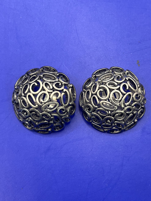 Vtg Oscar de la Renta Round Silver-Toned Swirl Clip-On Earrings Signed
