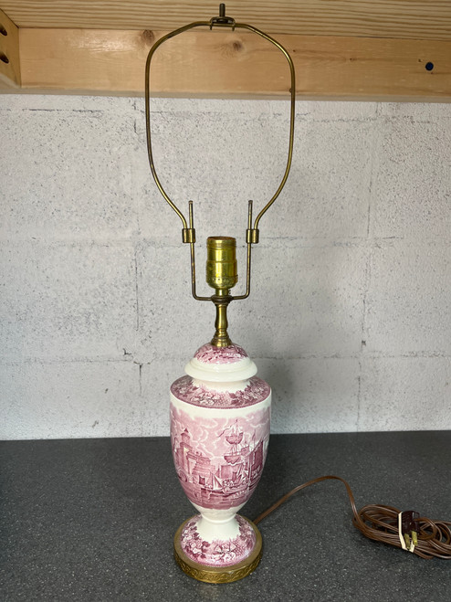 Vtg 1930s Mauve Staffordshire English Transferware Table Lamp Pink