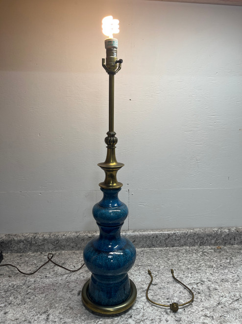 Vtg 1960s Stiffel Brass + Ceramic Crackle Glaze Lamp + Finial + Harp