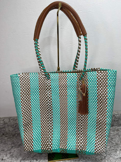 NWOT Mavis by Herrera Recycled Plastic Woven Tote Brown/White/Seafoam