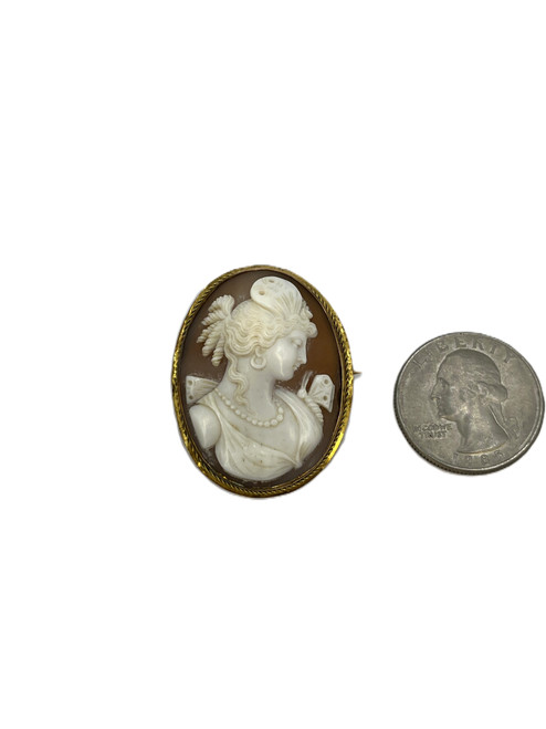 Vtg 14k Gold Cameo Brooch Pendant — Hand Carved Peach Shell Woman & Butterfly Ornate Rope Bezel