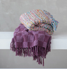 Woven Cotton Blend Slub Throw with Fringe