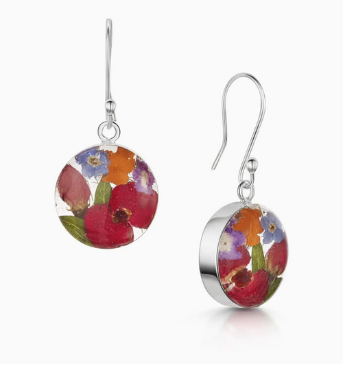 Round Silver Earring - Mixed Flowers