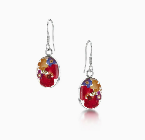 Oval Silver Earring - Mixed Flowers