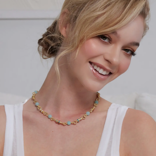Aqua Jade Silver Disc and Gold Wire Necklace