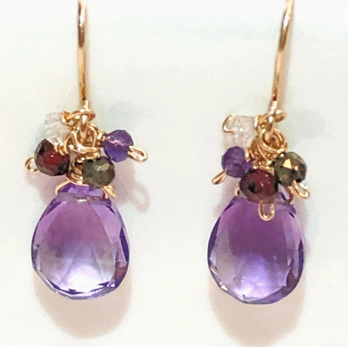 Gemstone Cluster Drop Earring - Pink Amethyst/Garnet