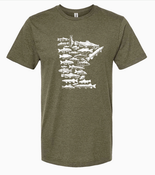 Heather Olive Fish Stamp MN T-Shirt
