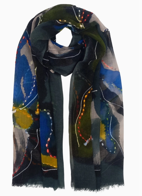 Hand Painted Abstracts Embroidered Scarf