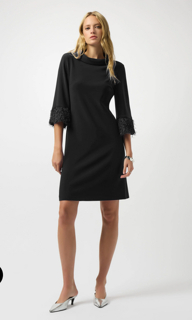 Joseph Ribkoff Feathered Cuffs A-Line Dress