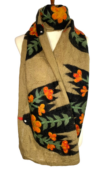 Tan and Black Mountain Bird Merino Wool Scarf