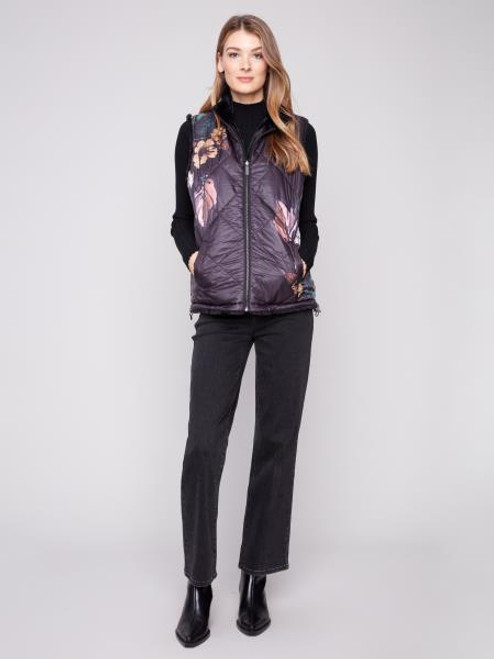 Dark Floral Quilted Reversible Faux Fur Vest