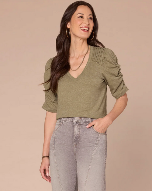 Democracy Oregano Puff Sleeve V-Neck T-Shirt