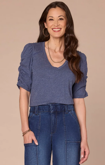 Democracy Navy Puff Sleeve V-Neck T-Shirt