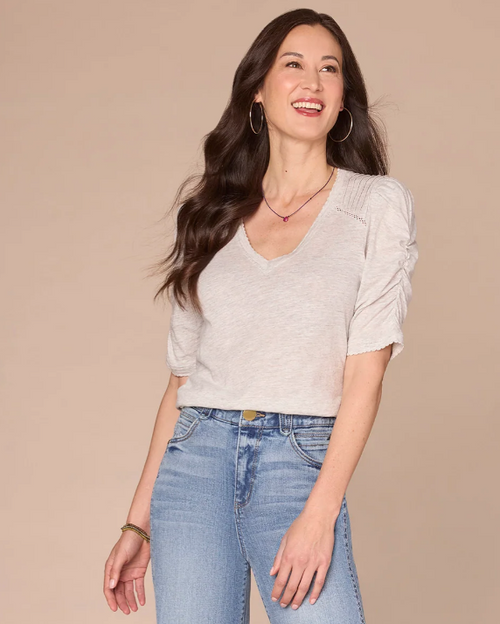 Democracy Off-White Puff Sleeve V-Neck T-Shirt