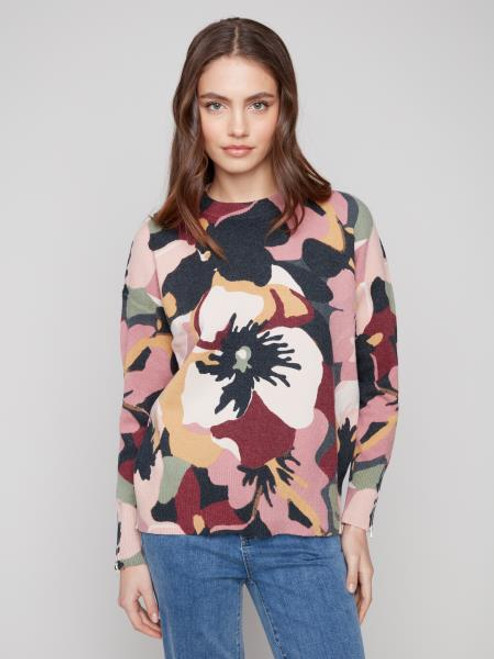 Charlie B Zipper Detail Floral Sweater