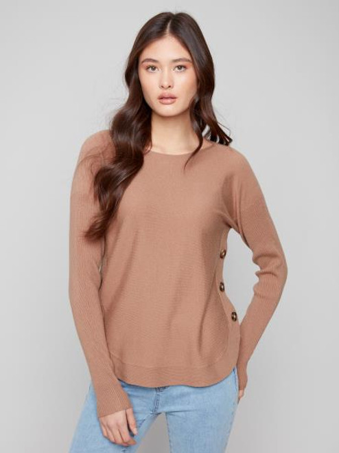 Charlie B Truffle Side Button Boat Neck Sweater