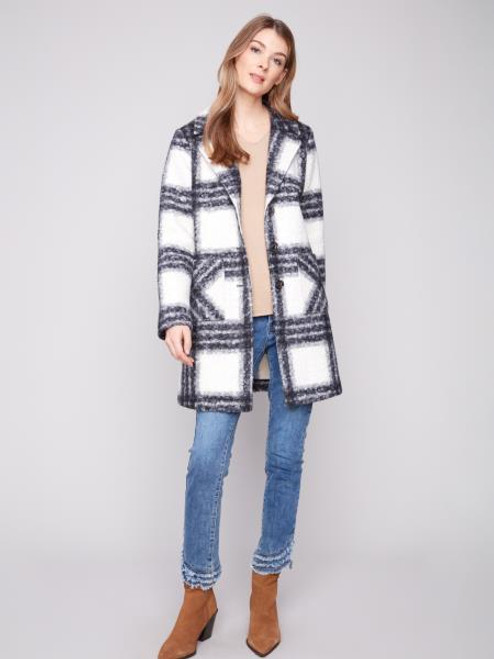 Charlie B Black and White Plaid Boucle Long Jacket