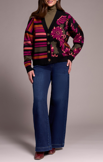 Tribal Black and Pink Florals and Stripes Cardigan