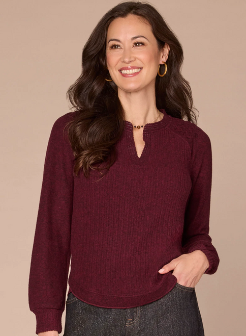 Democracy Heather Wineberry Smocked Mandarin Collar T-Shirt