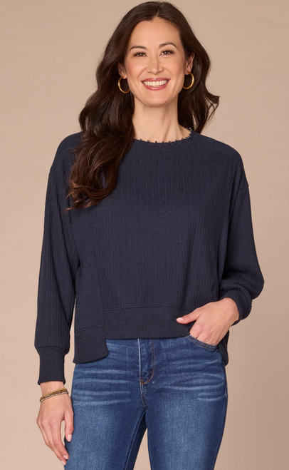 Democracy Heather Carbon Blue Pearl Neckline Ribbed T-Shirt