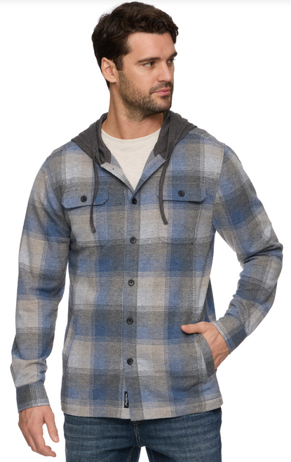 Charcoal, Grey, and Blue Poston Hero Hooded Knit Flannel Shirt Jacket