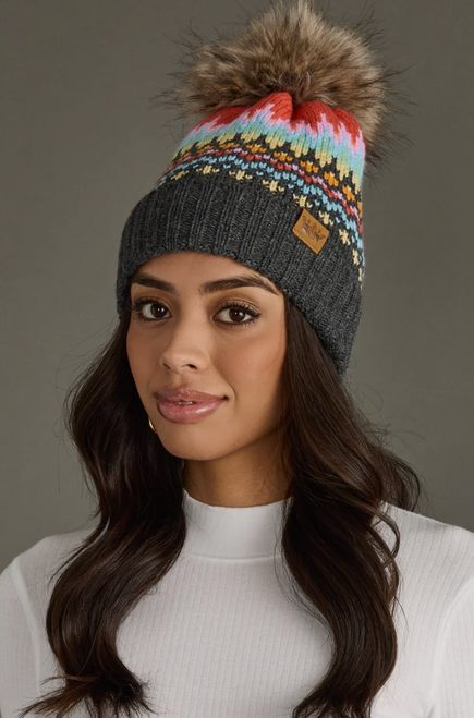 Patterned Pom Hat - Gray/Multicolored