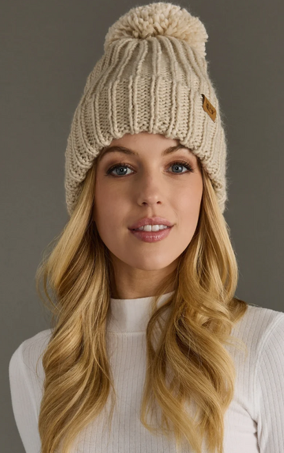 Ribbed Knit Pom Hat - Beige