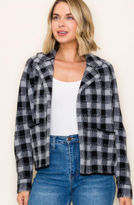 Charcoal Checked Fuzzy Cardigan