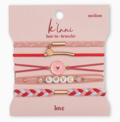 "Love" Pink Hearts Hair Tie Bracelets