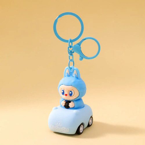 Labubu Driving Cartoon Keychain Blue