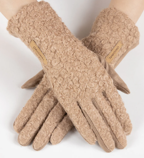 Camel Boucle and Faux Suede Gloves