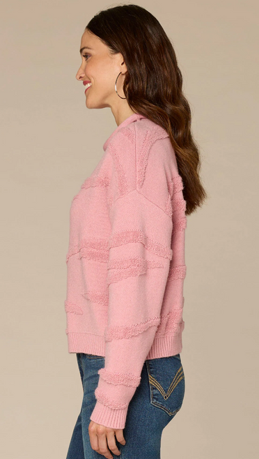 Pink Roll Neck Wavy Texture Sweater