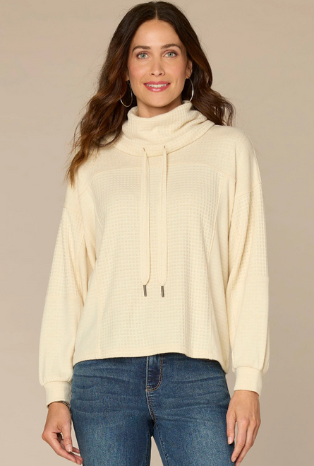 French Vanilla Cowl Neck Waffle Knit Tunic